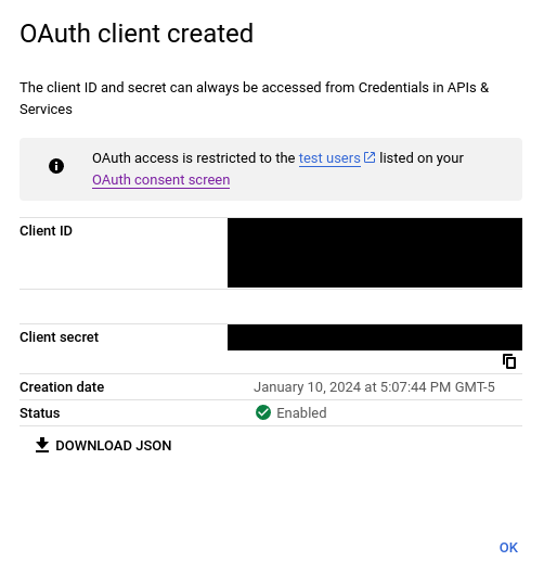 OAuth Client ID created